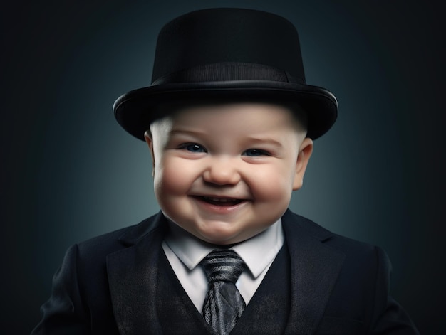 Photo funny smiling baby as mafia boss