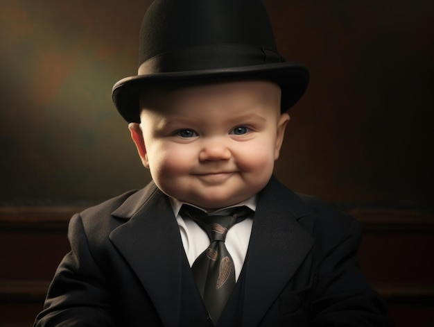 Photo funny smiling baby as mafia boss