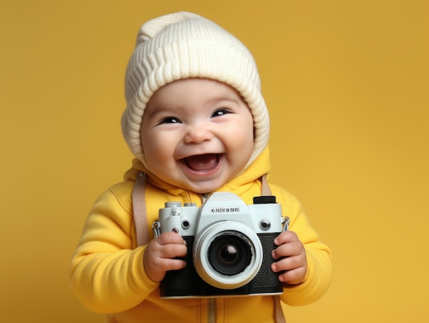 funny smiling baby as photographer