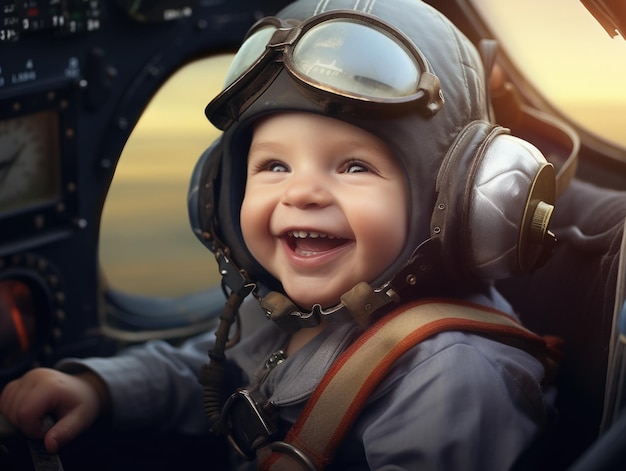 забавный улыбающийся малыш в роли пилота