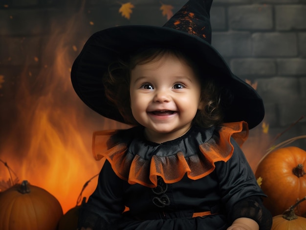 funny smiling baby as witch Halloween