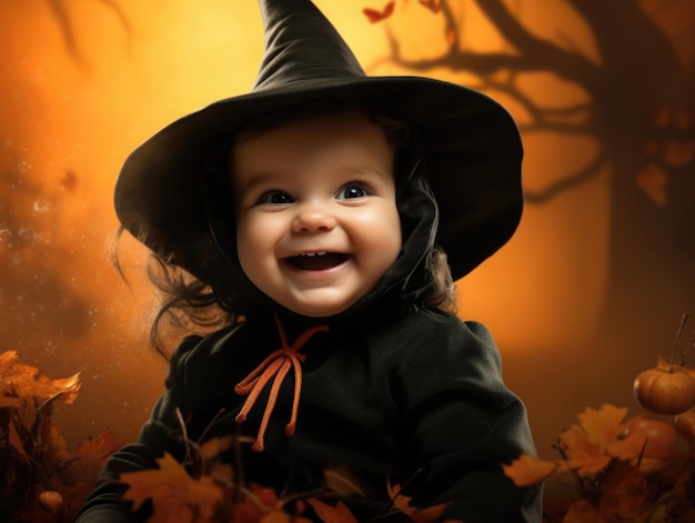 смешный улыбающийся ребенок в роли ведьмы Хэллоуин