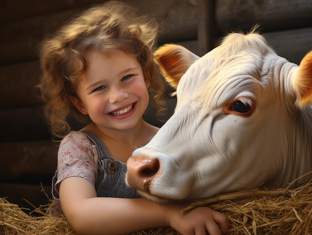 Foto bambina sorridente divertente come agricoltore con la mucca