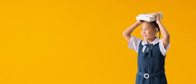 La ragazza della scuola del bambino sorridente divertente con gli occhiali tiene i libri sulla sua testa isolati su sfondo giallo con tracciati di ritaglio per il lavoro di progettazione spazio libero vuoto