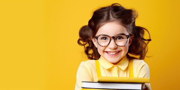メガネをかけた面白い笑顔の子女子高生が本を持っている