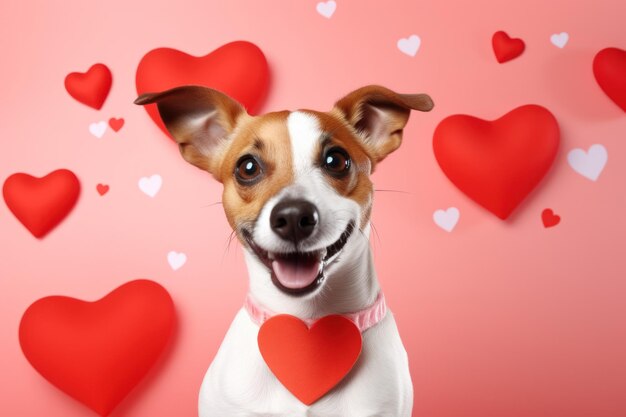 Funny smiling dog with red hearts for valentine day celebration background High quality illustration