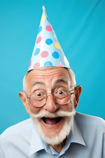 Funny smiling elderly man wearing a pointed party hat