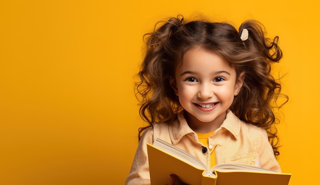 смешная улыбающаяся школьница с книгой на желтом фоне