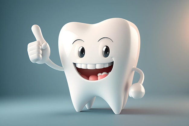 Photo funny smiling tooth showing thumb up concept of teeth care