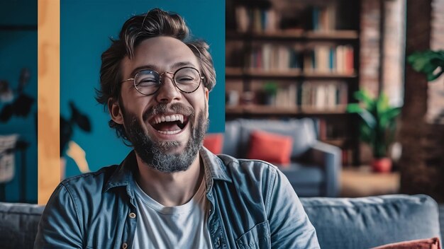 Photo funny smiling unshaven male wonk wears round spectacles and casual clothes being glad