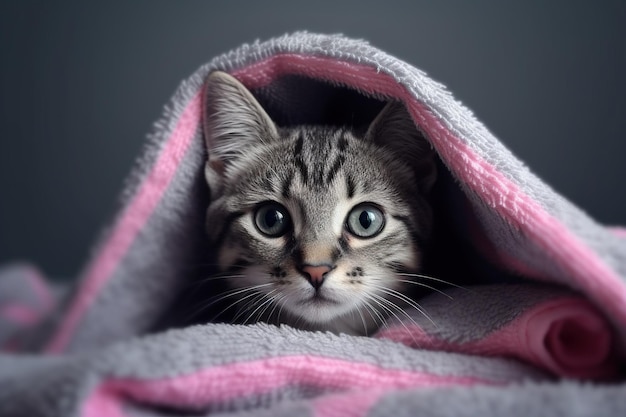 Funny smiling wet gray tabby cute kitten