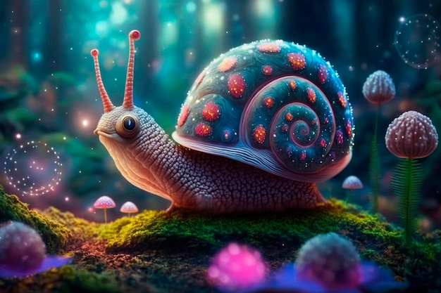 A funny snail in a magical fantastic fairy tale world