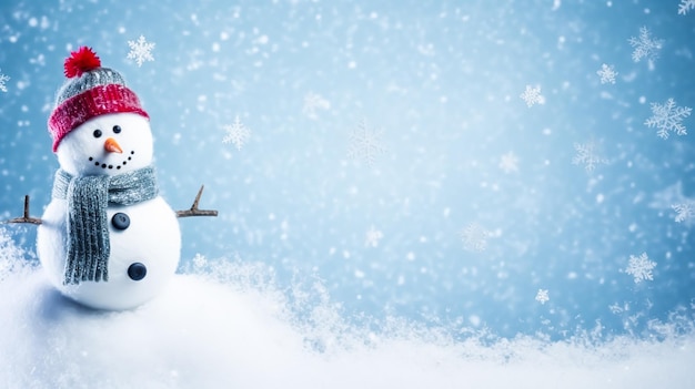 Funny snowman on Christmas holiday winter background Merry Christmas and Happy Holidays wishes generative ai