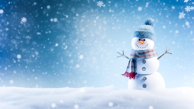 Funny snowman on Christmas holiday winter background Merry Christmas and Happy Holidays wishes generative ai