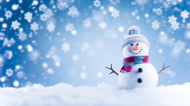 Funny snowman on Christmas holiday winter background Merry Christmas and Happy Holidays wishes postprocessed generative ai
