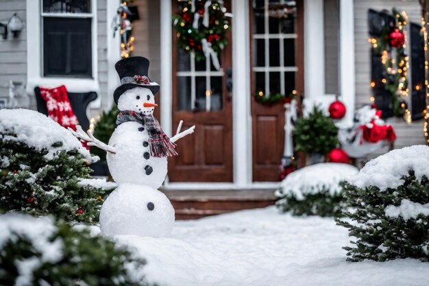 Забавный снеговик, украшенный на Рождество на заднем дворе. Традиционное празднование Нового года.