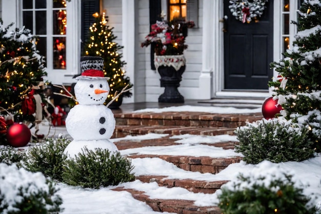 Photo funny snowman decorated for christmas in the backyard traditional new year celebration