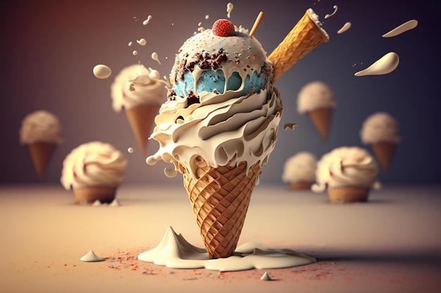 Funny snowman eating ice cream illustration Generative AI