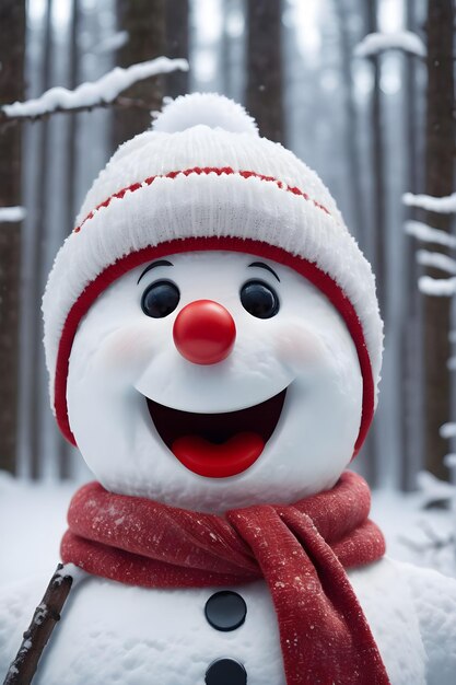 Фото Забавный снеговик в красной шляпе и шарфе санта в зимнем лесу