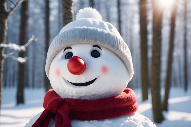 Photo funny snowman in red santa hat and scarf in winter forest