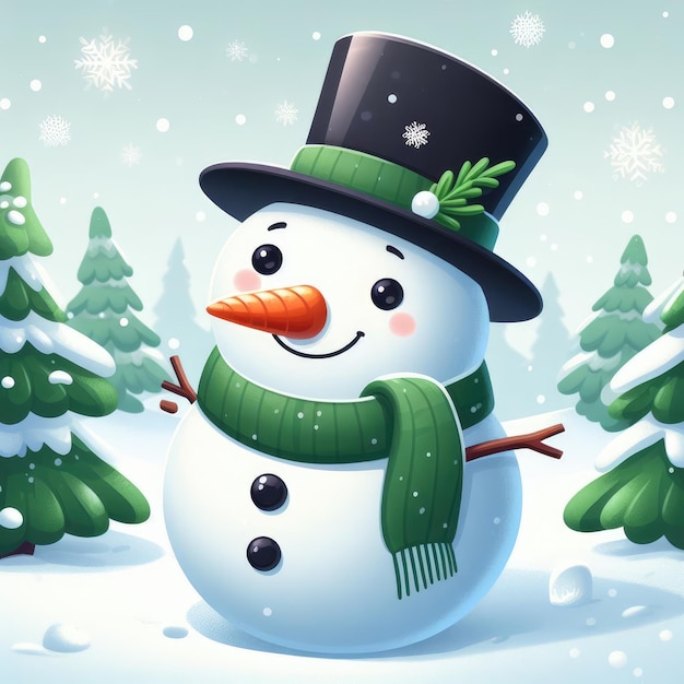 Funny snowman in a top hat and scarf on the snow in the winter forest