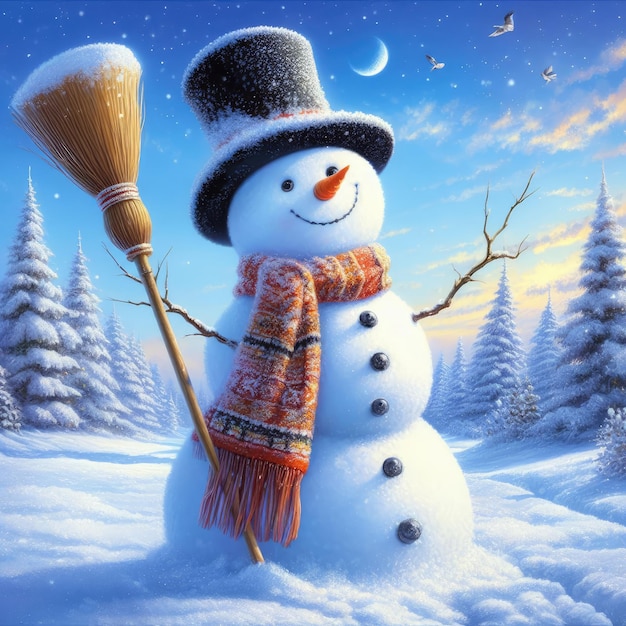 Funny snowman in a top hat and scarf on the snow in the winter forest