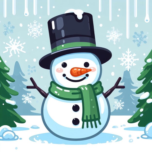 Funny snowman in a top hat and scarf on the snow in the winter forest