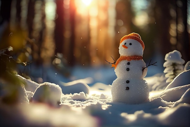 Funny snowman in winter forest at sunset Christmas backgroundgenerative ai