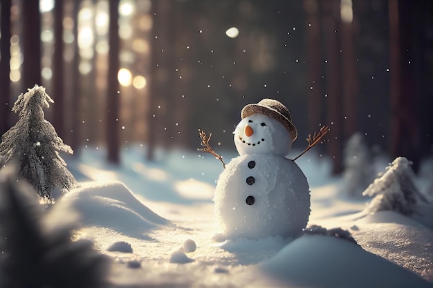 Photo funny snowman in winter forest at sunset christmas backgroundgenerative ai