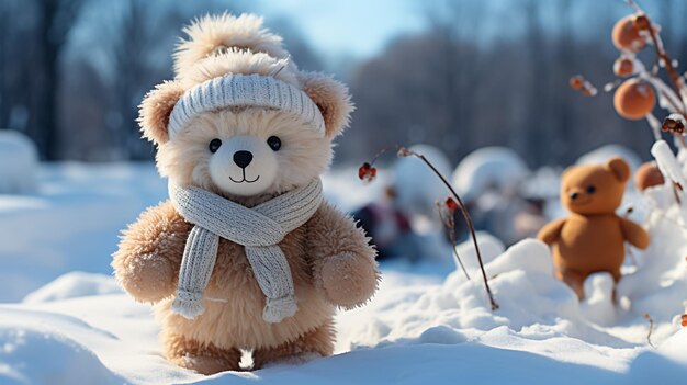 смешный снежный человек с морковью вместо носа и в теплой вязанной шляпе на снежном лугу на размытом