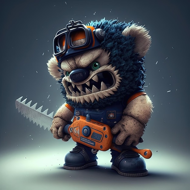 Funny and spooky figure of monster with a chainsaw Crazy lumberjack mascot Generative AI