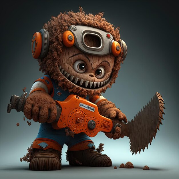 Funny and spooky figure of monster with a chainsaw Crazy lumberjack mascot Generative AI