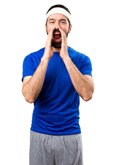 Funny sportsman shouting on isolated white background