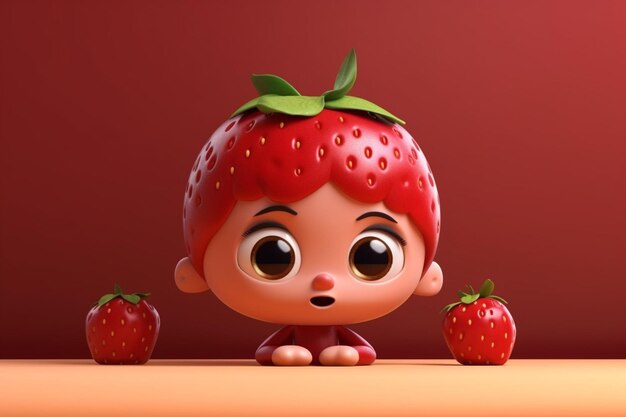 Foto carattere di fragola divertente su sfondo rosso 3d render illustration ai