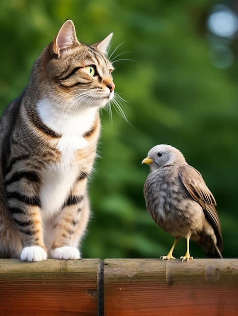 funny striped hunter cat sits on a fence and watches a sitting bird