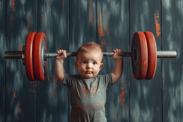 Foto bambino forte e divertente che solleva barbell pesanti in una scena unica in palestra