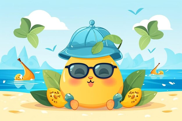 Photo funny summer beach background with pear fruit character