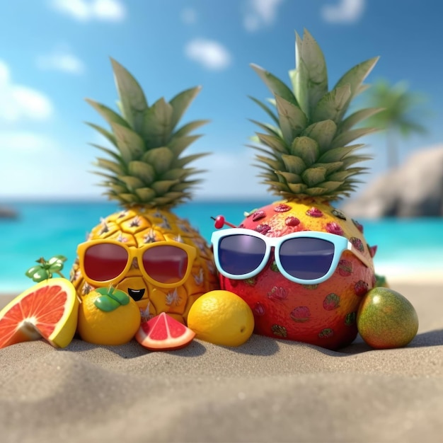 Photo funny summer fruits with sunglasses on beach 3d render