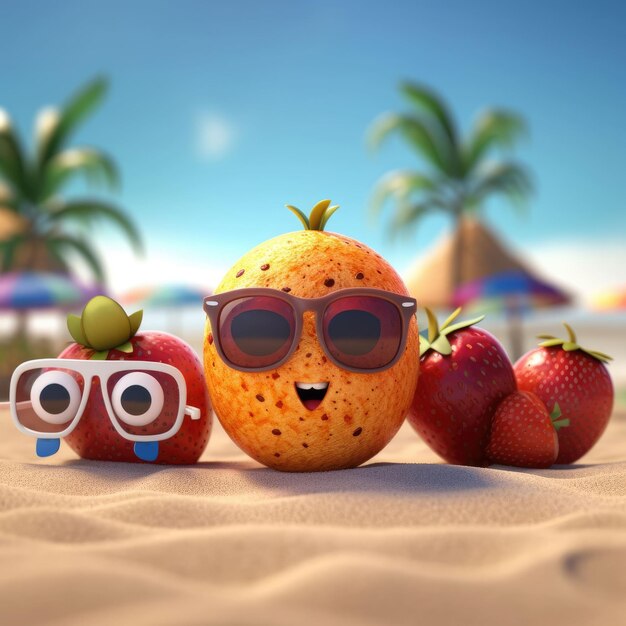 Funny summer fruits with sunglasses on beach 3d render