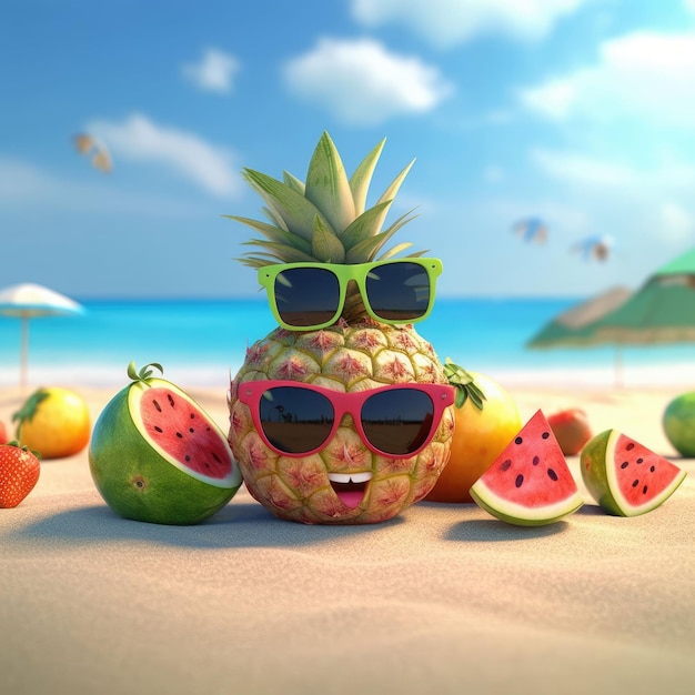 Funny summer fruits with sunglasses on beach 3d render