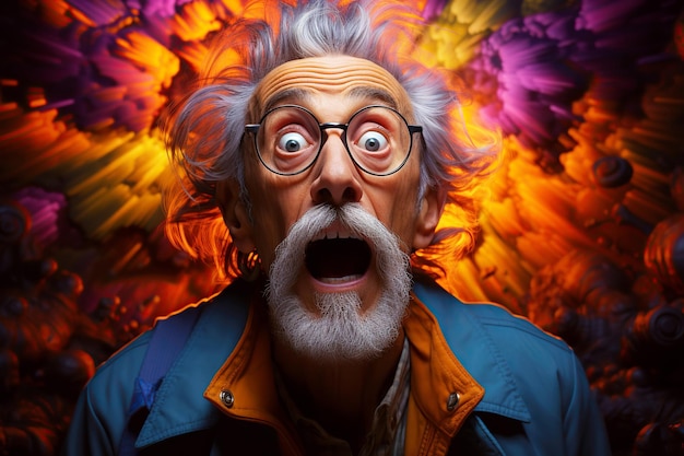 Фото Смешный удивленный счастливый старик в очках на ярком многоцветном галлюциногенном фоне от наркотиков