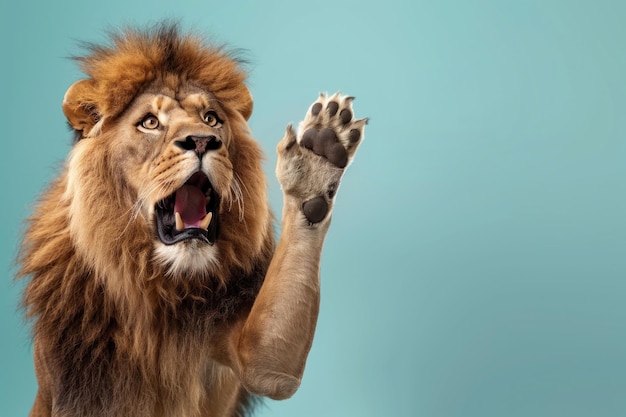 Photo funny surprised lion raising hand