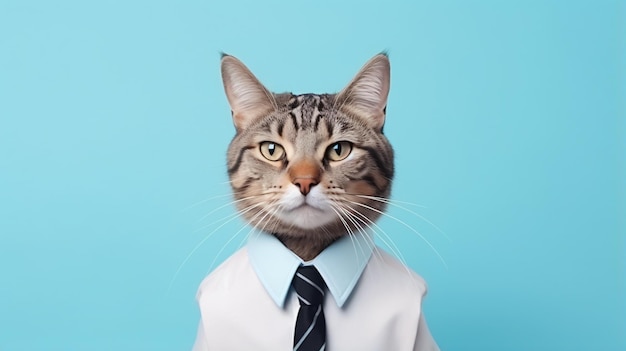 Funny tabby cat in black tie work from home office
