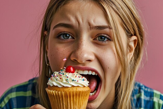 Photo funny teenager biting cupcake ar c v