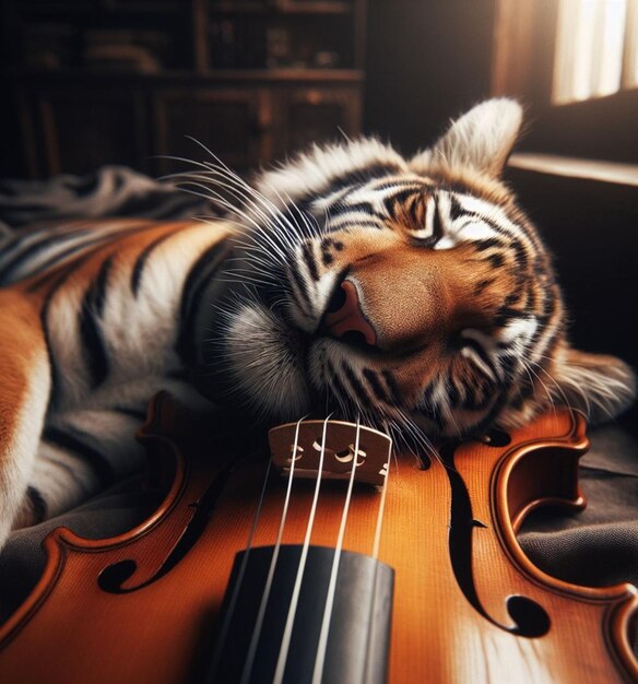 A funny tender bengal tiger cub rests serenely on a wooden violin bathed in soft light AI generated