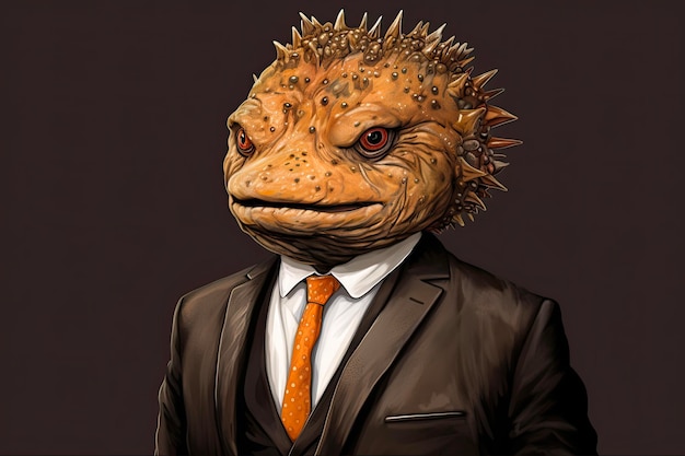 Funny Toadfish Portrait in a Man Suit Isolated Black Background Digital Illustration in Graphic