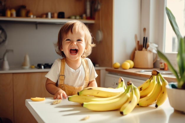 Забавный малыш наслаждается банановой закуской