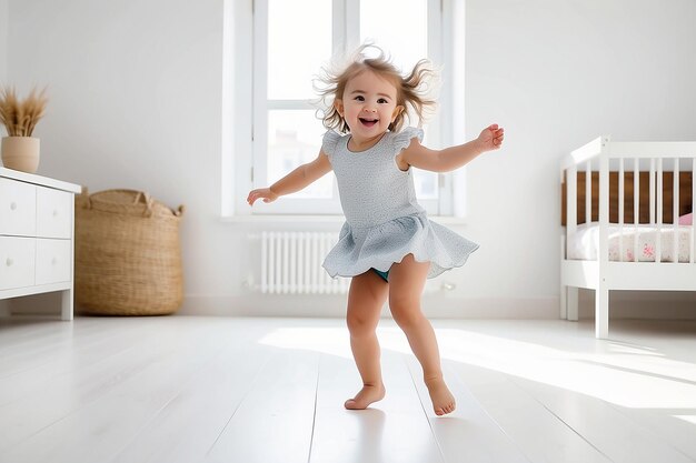 Funny toddler girl dancing indoors Little child having fun moving and jumping in a sunny white room at home or kindergarten