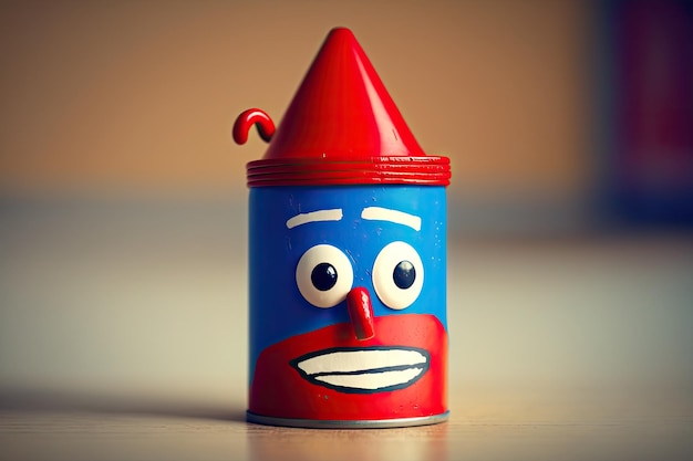 Funny toy figure in form of paint can character with red cap