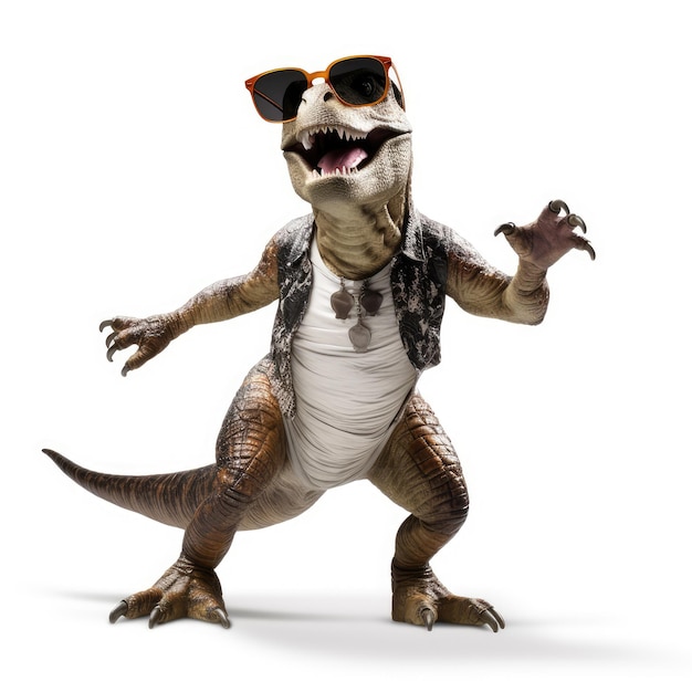 Photo funny trex wearing sunglasses and dancing isolated on white background